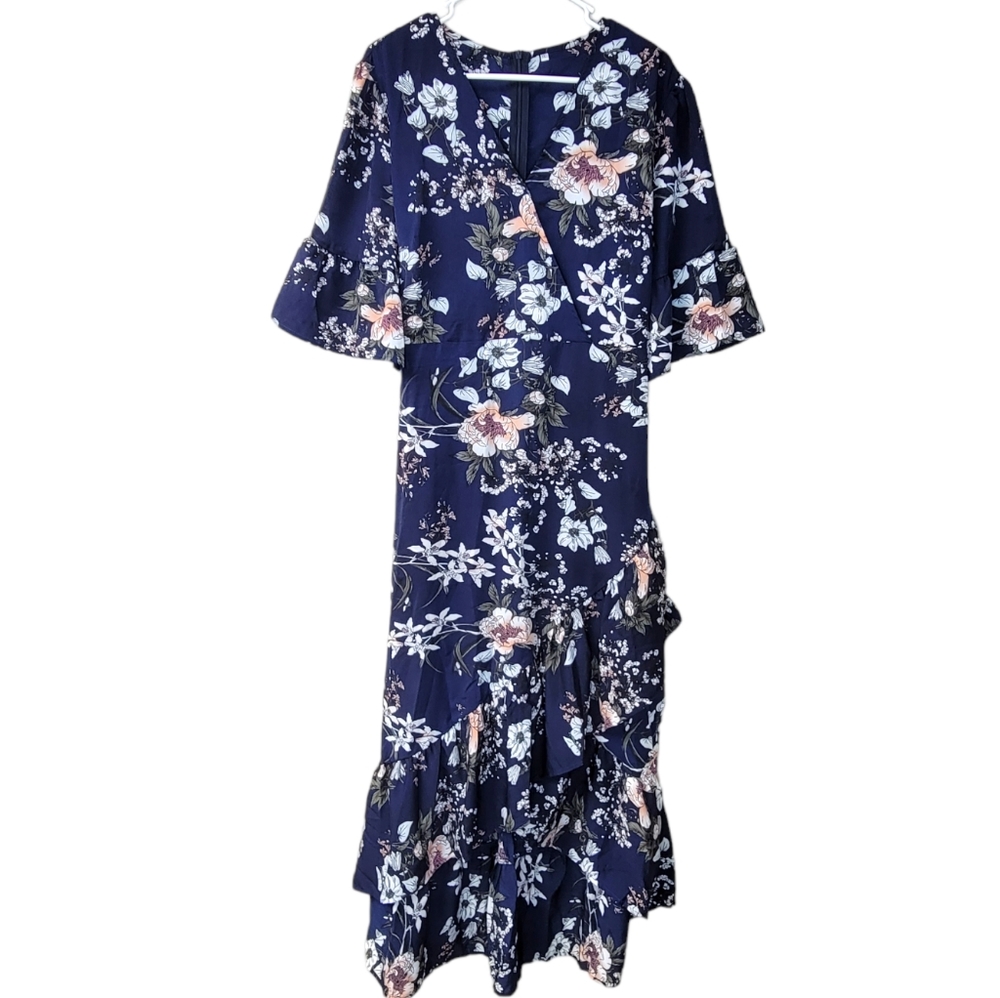 3X Womens V Neck Short Sleeve Floral Print Asymmetrical Maxi Dress NWOT